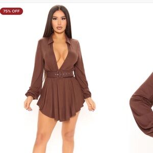 NWT Belted Brown Plunge Neck Romper